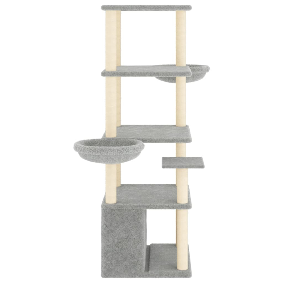 Ein grauer Katzenbaum mit mehreren Plattformen, Liegeflächen und einem Versteck. Beige Stützen verbinden die Ebenen. Weißer Hintergrund.
