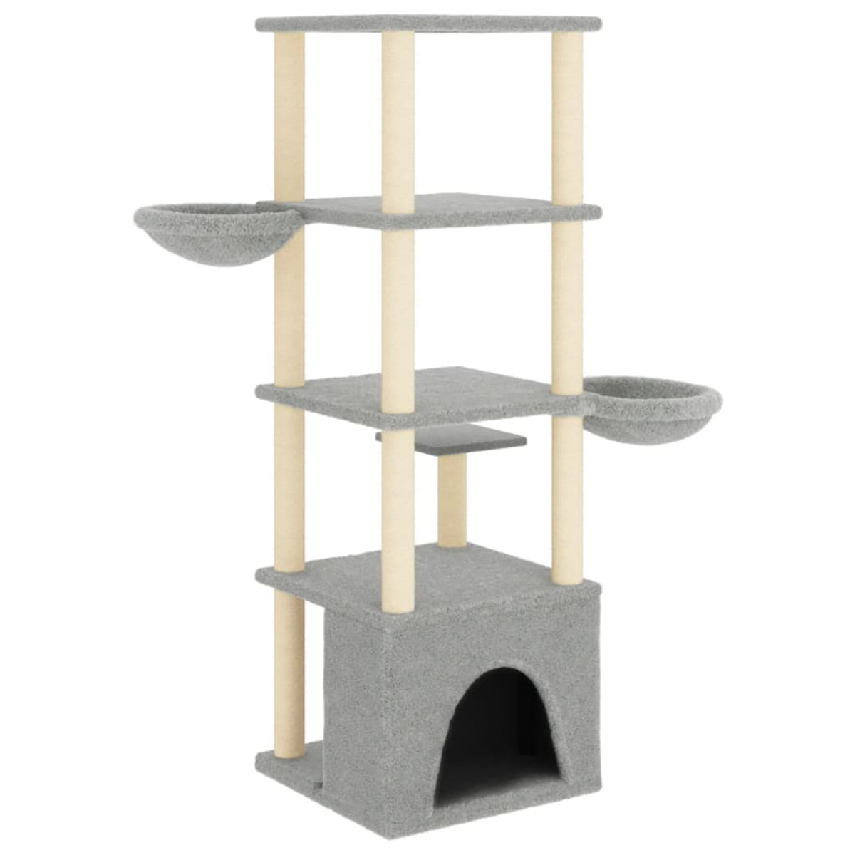 Ein grauer Katzenbaum mit mehreren Ebenen, Plattformen und einer Höhle. Er hat beige Stützpfosten und zwei gebogene Schalen.