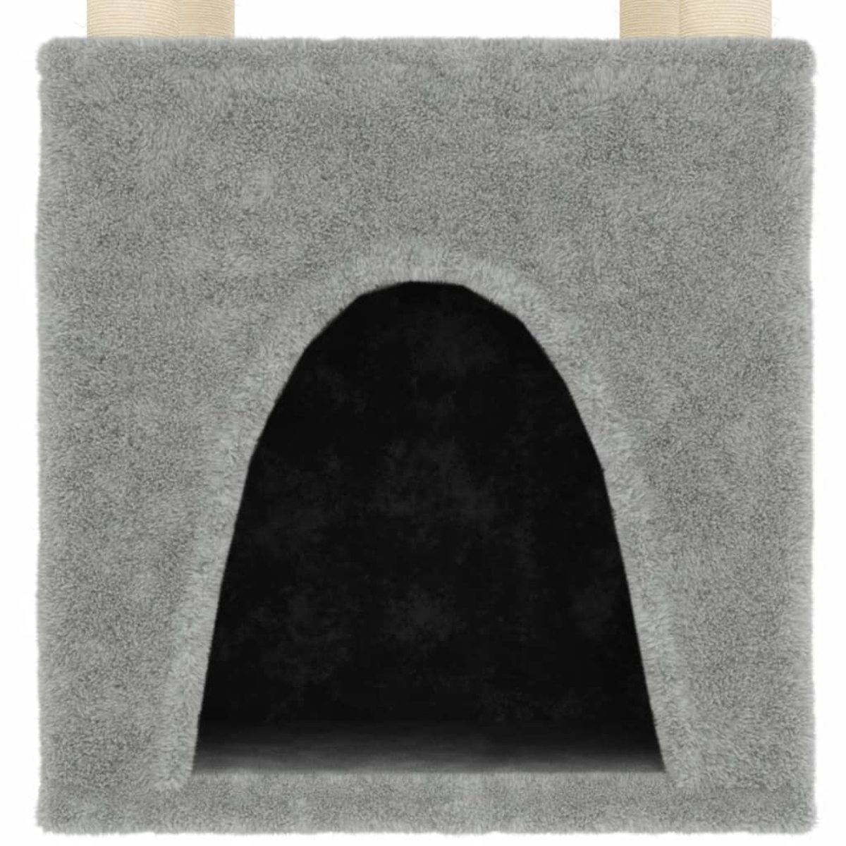 Ein graues Katzenhaus mit schwarzem Innenraum. Das Haus hat einen bogenförmigen Eingang. Zwei beige Kratzpfosten sind sichtbar.