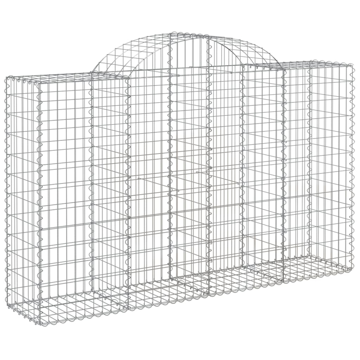 Ein Metall-Gabionenkorb. Er hat eine gewölbte Oberseite und rechteckige Seiten. Der Korb besteht aus einem Gitter aus Metalldrähten.