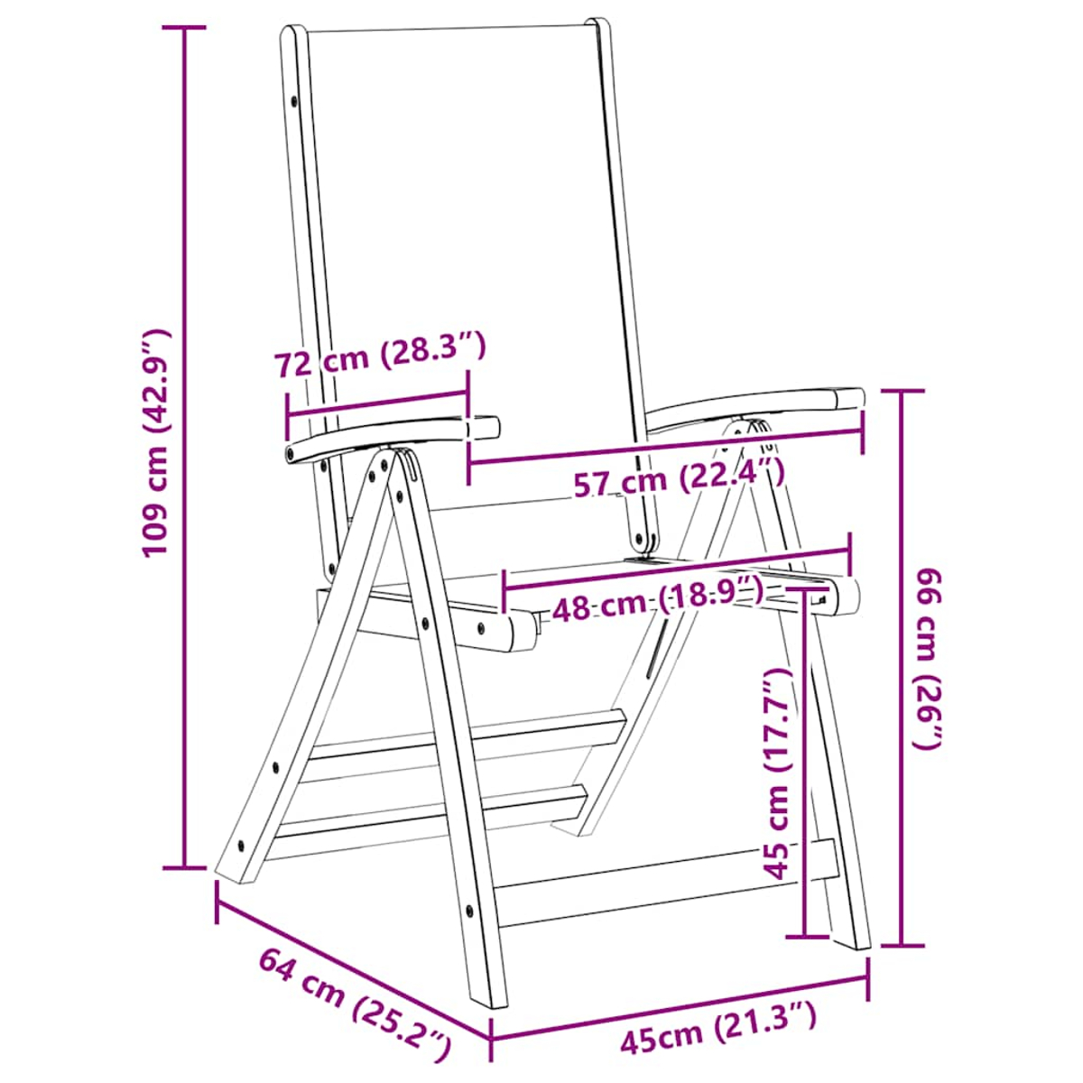 Diagramma di una sedia pieghevole in legno con dimensioni in cm e pollici. Include le misure di altezza, larghezza e profondità.