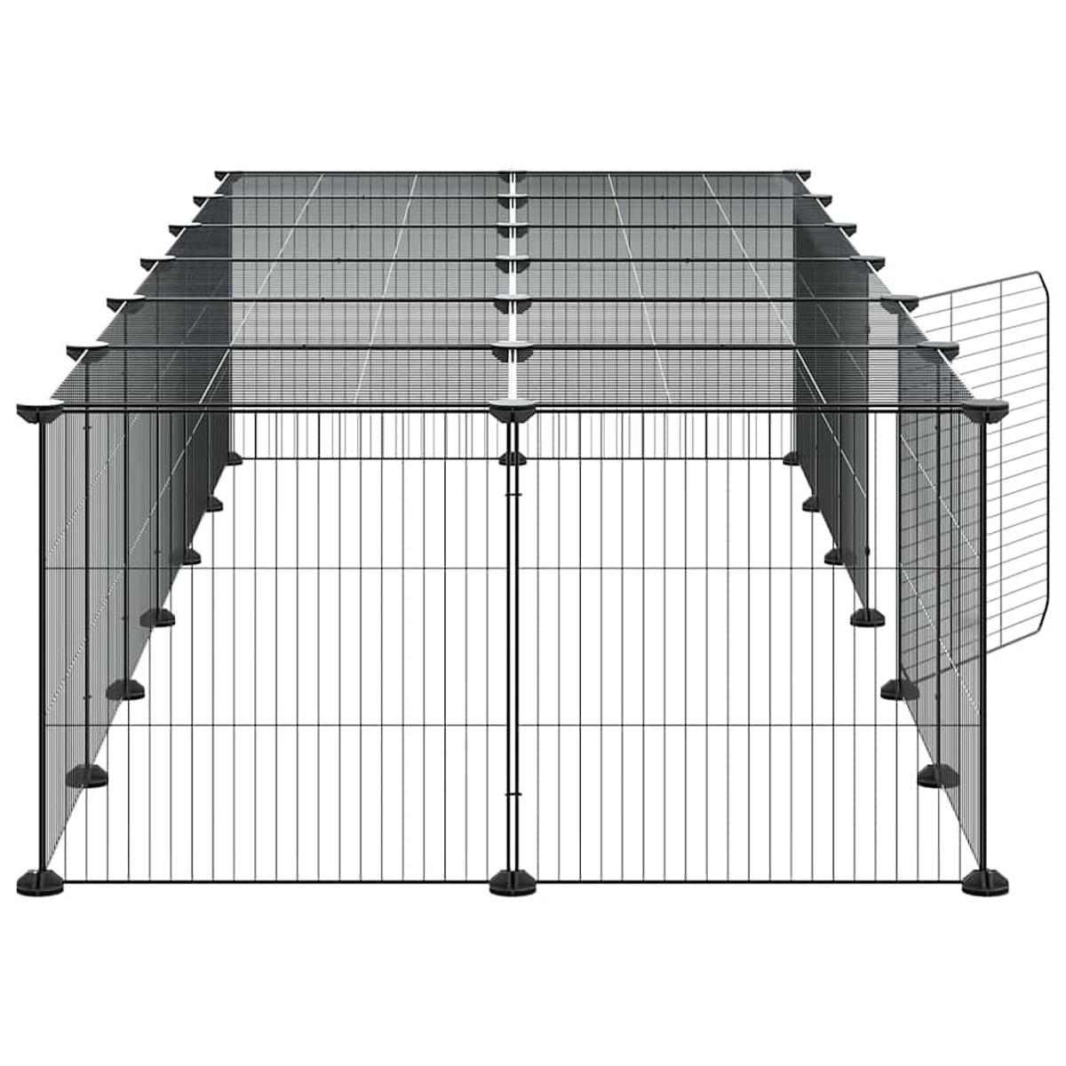 Ein schwarzes Metall-Haustier-Laufgitter, auf einer Seite offen. Es hat ein Dach und eine Tür. Der Hintergrund ist weiß.
