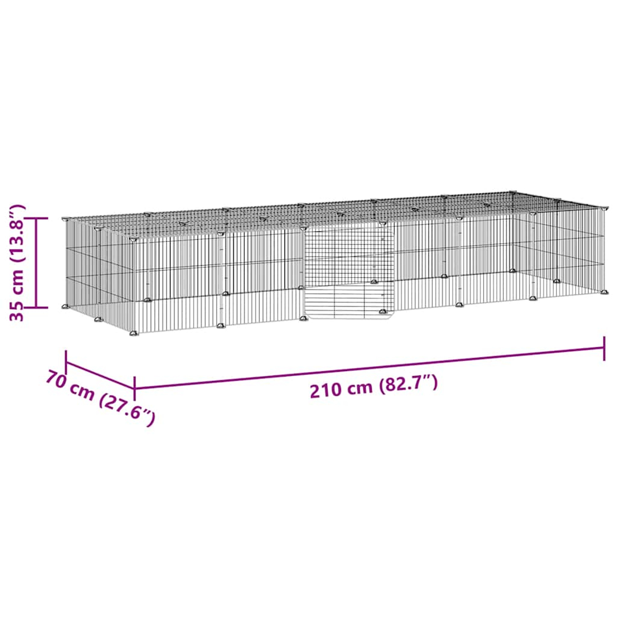 Metall-Haustiergehege mit den Maßen: 210 cm lang, 70 cm breit und 35 cm hoch. Das Bild zeigt Messungen.