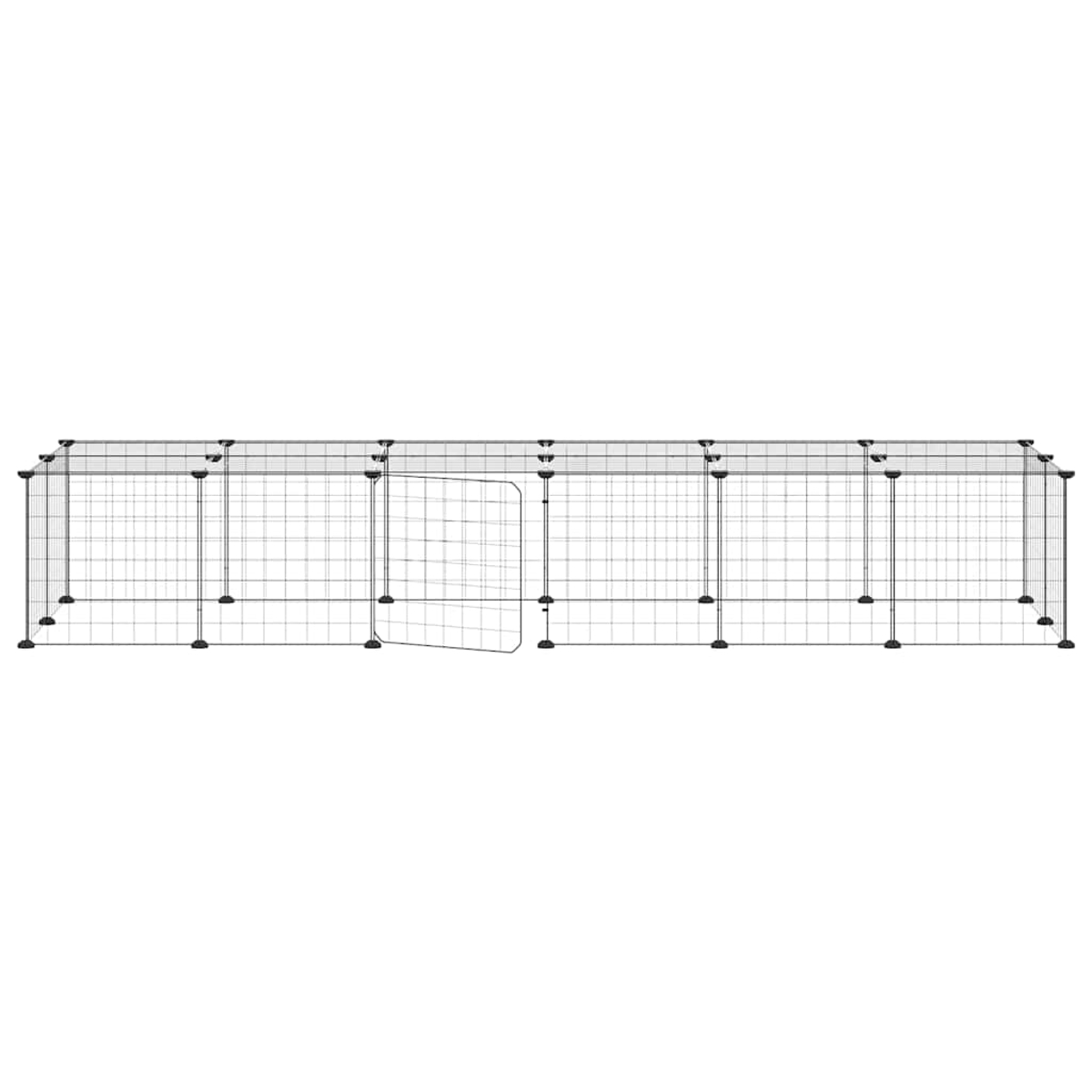 Ein modularer Haustierkäfig mit Tür. Er besteht aus einem Gitter aus Metallstäben und schwarzen Kunststoffverbindern. Der Hintergrund ist weiß.