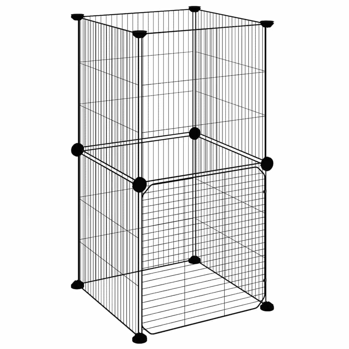 Ein zweistöckiger, schwarzer Drahtkäfig. Er hat eine rechteckige Form und besteht aus vertikalen und horizontalen Metalldrähten.