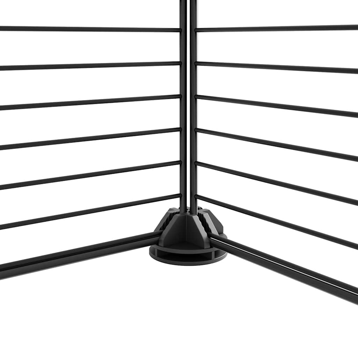 Ecke eines schwarzen Metallzauns mit horizontalen Stangen, verbunden mit einem schwarzen Sockel. Weißer Hintergrund.