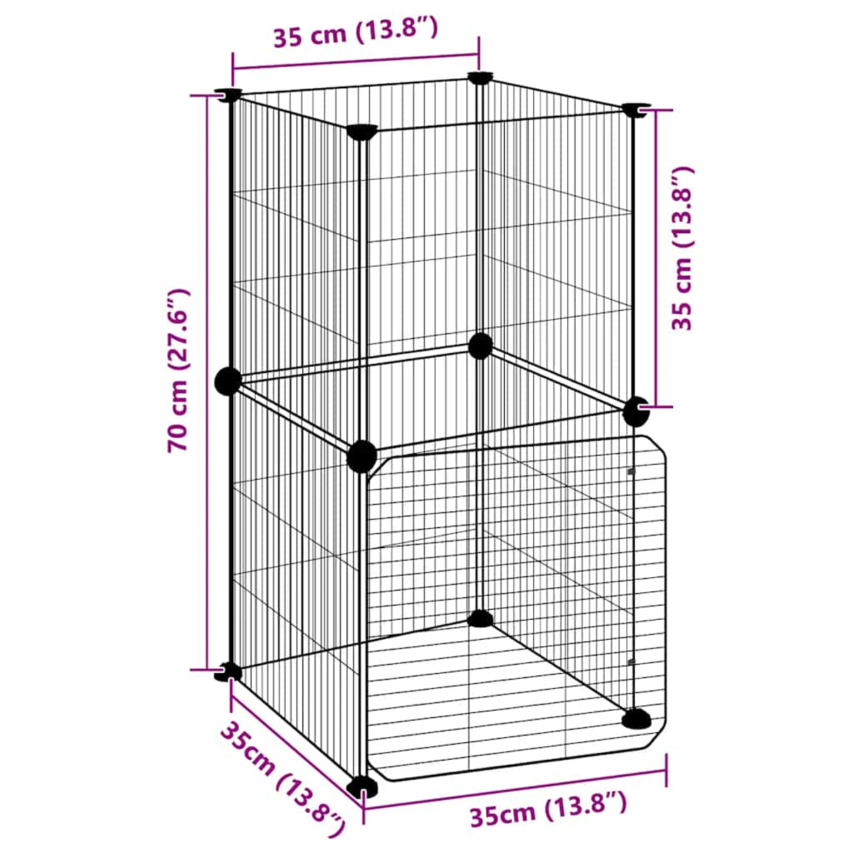 Schwarzes Draht-Haustiergehege. Die Abmessungen sind angegeben: 35 cm x 35 cm x 70 cm. Das Gehege steht auf weißem Hintergrund.