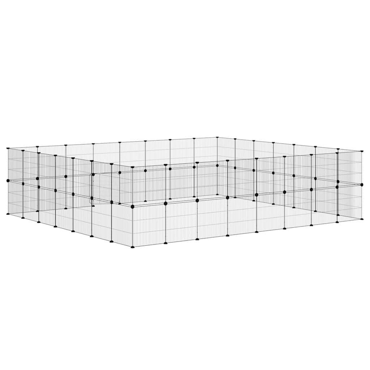 Ein rechteckiges Haustiergehege aus schwarzen Drahtgitterplatten, die durch schwarze Verbinder verbunden sind. Es ist vor weißem Hintergrund.