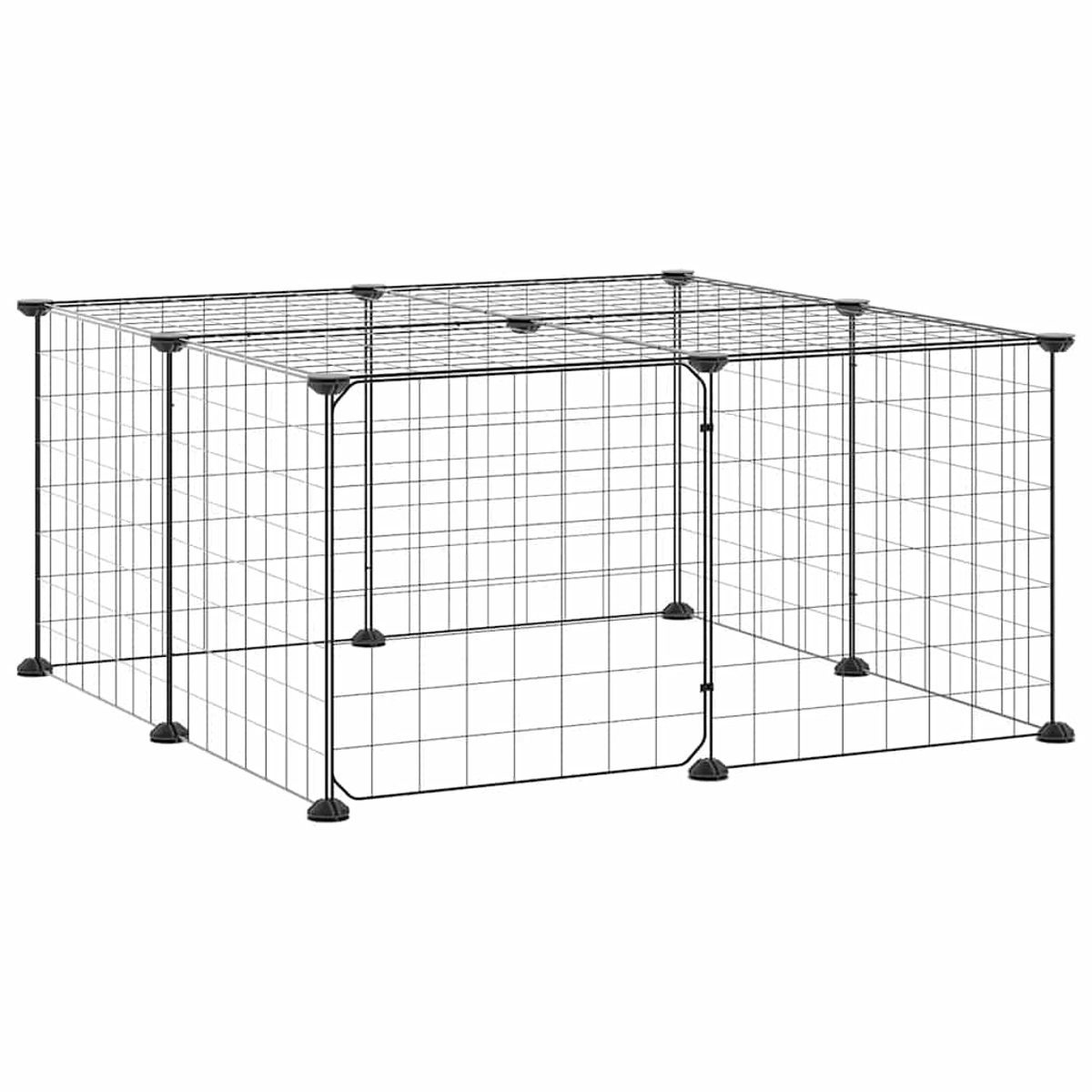 Ein schwarzer Metallgitterkäfig, rechteckig, auf weißem Hintergrund. Er hat Gitterplatten und schwarze Verbinder.