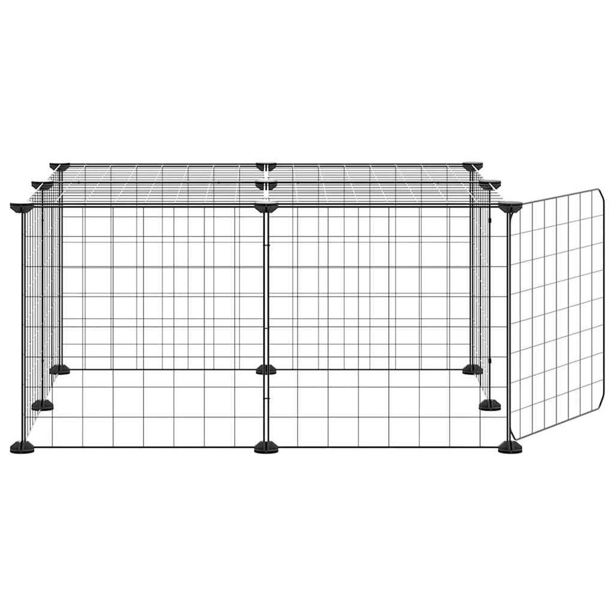Ein schwarzes Metall-Haustiergehege. Es hat eine Tür auf der rechten Seite. Das Gehege besteht aus einem Gitter aus Metallstäben.