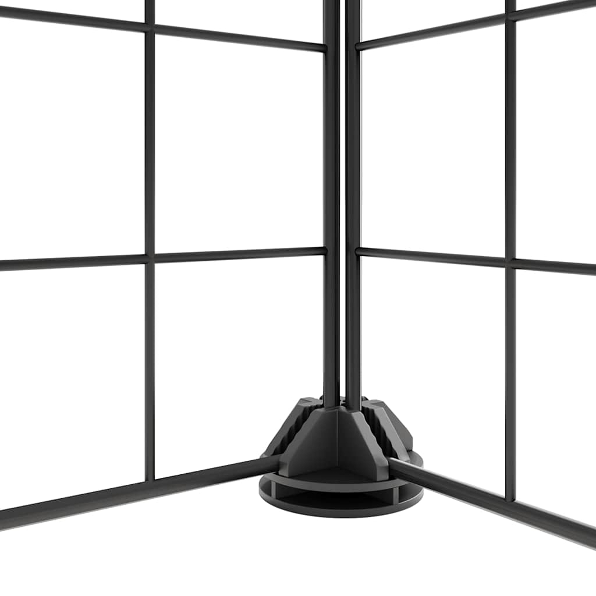 Schwarze Metallgitterstruktur mit Sockel. Das Gitter ist in Quadrate unterteilt, weißer Hintergrund.