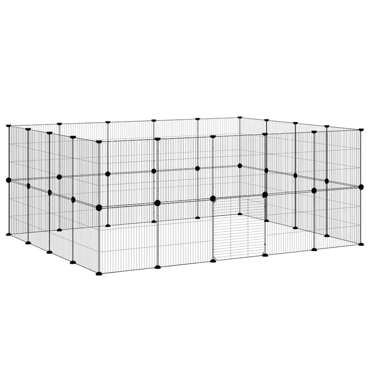 Ein rechteckiger Haustierkäfig aus schwarzem Metalldraht. Der Käfig hat viele vertikale und horizontale Linien mit schwarzen Verbindern.