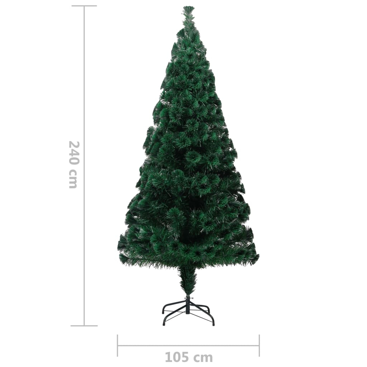 Ein grüner künstlicher Weihnachtsbaum, 240 cm hoch und 105 cm breit, auf einem schwarzen Metallständer, vor weißem Hintergrund.