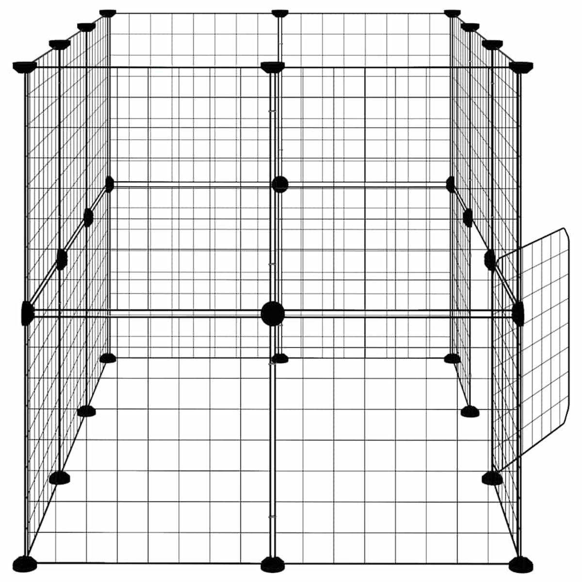 Ein schwarzer Drahtkäfig, der aus quadratischen Paneelen und Verbindern besteht. Eine Seite hat eine Öffnungstür. Der Käfig steht auf schwarzen Füßen.