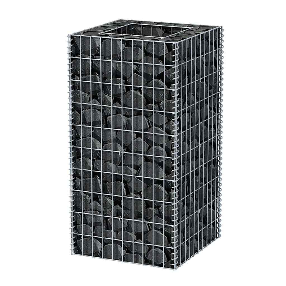 Ein rechteckiger Gabion mit dunkelgrauen Steinen gefüllt. Der Gabion hat einen Drahtrahmen.