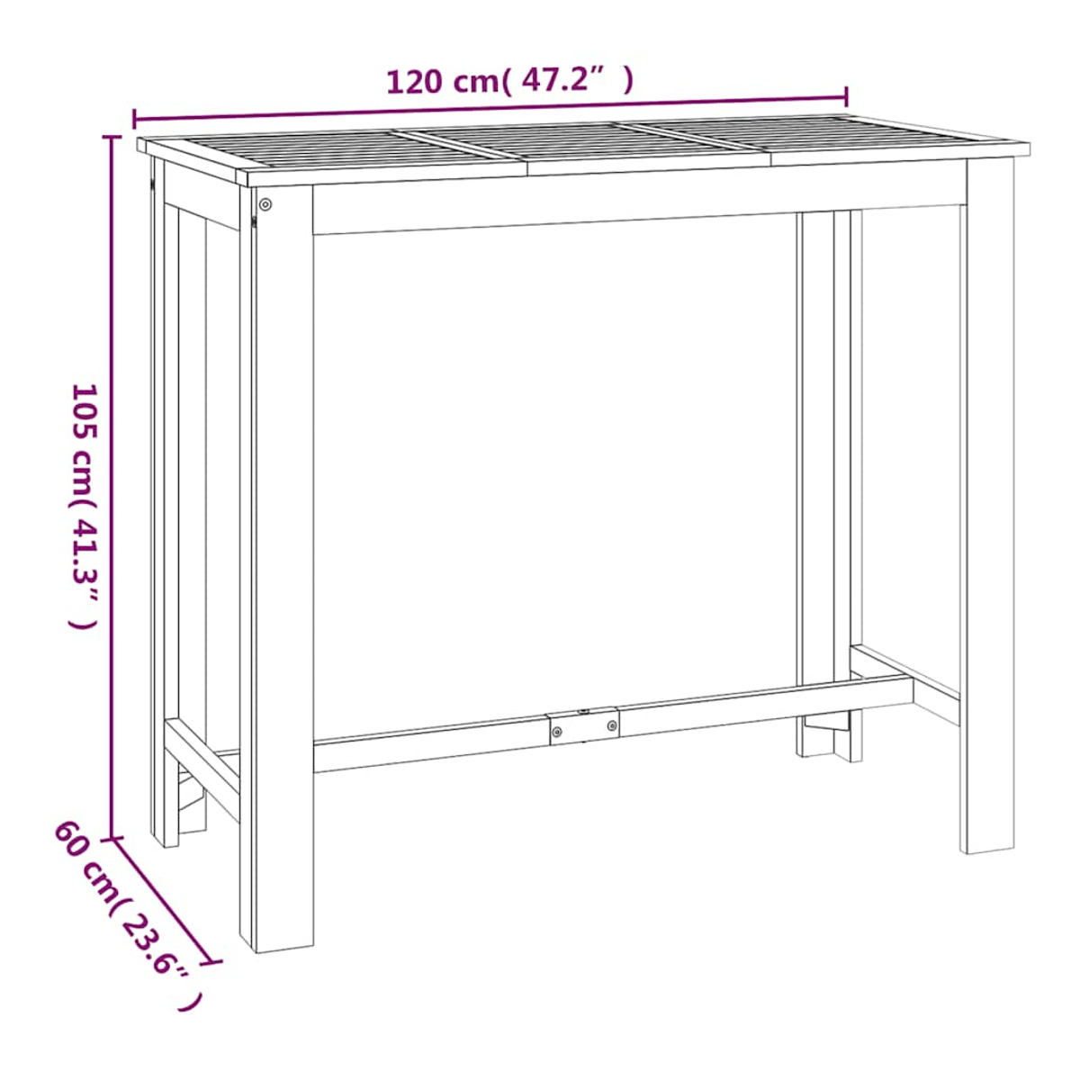 Skizze eines Holztisches. Abmessungen: 120cm Breite, 105cm Höhe und 60cm Tiefe. Die Oberseite hat Lamellen.