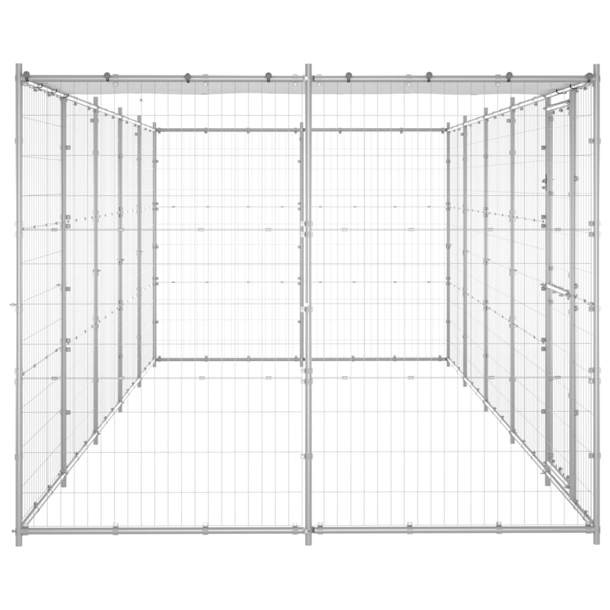 Ein Metall-Haustiergehege mit Drahtgitterdesign. Es besteht aus silberfarbenen Metallstangen und -maschen, die mehrere Abteile bilden.