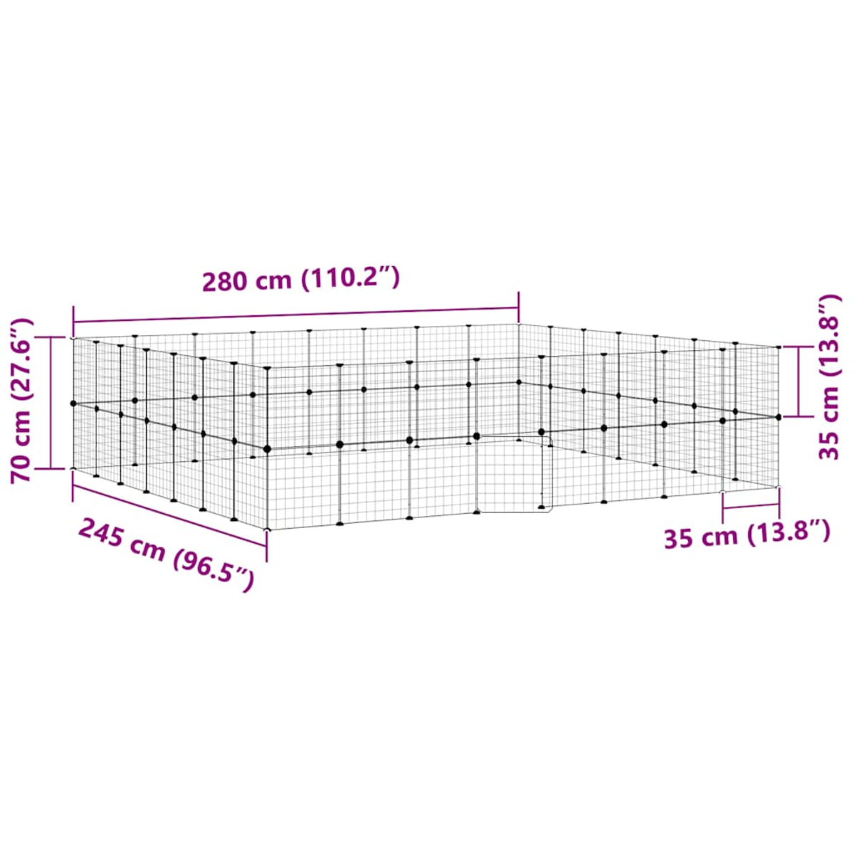 Ein rechteckiger Drahtzaun wird mit beschrifteten Abmessungen angezeigt. Die Abmessungen umfassen 280 cm (110,2"), 245 cm (96,5"), 70 cm (27,6") und 35 cm (13,8").