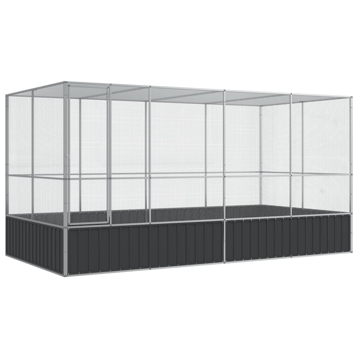 Ein großer, rechteckiger Metall-Gartenzaun mit grauem Rahmen und Drahtgitterwänden. Dunkelgraue Platten bilden die Basis.