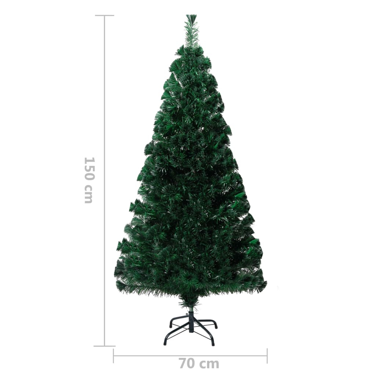 Ein grüner künstlicher Weihnachtsbaum, 150 cm hoch und 70 cm breit, auf einem schwarzen Metallständer. Der Baum steht vor weißem Hintergrund.