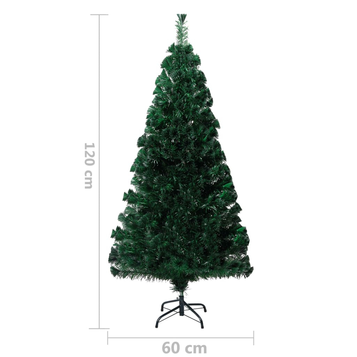 Ein grüner künstlicher Weihnachtsbaum, 120 cm hoch, 60 cm breit, auf einem schwarzen Metallständer, vor weißem Hintergrund.
