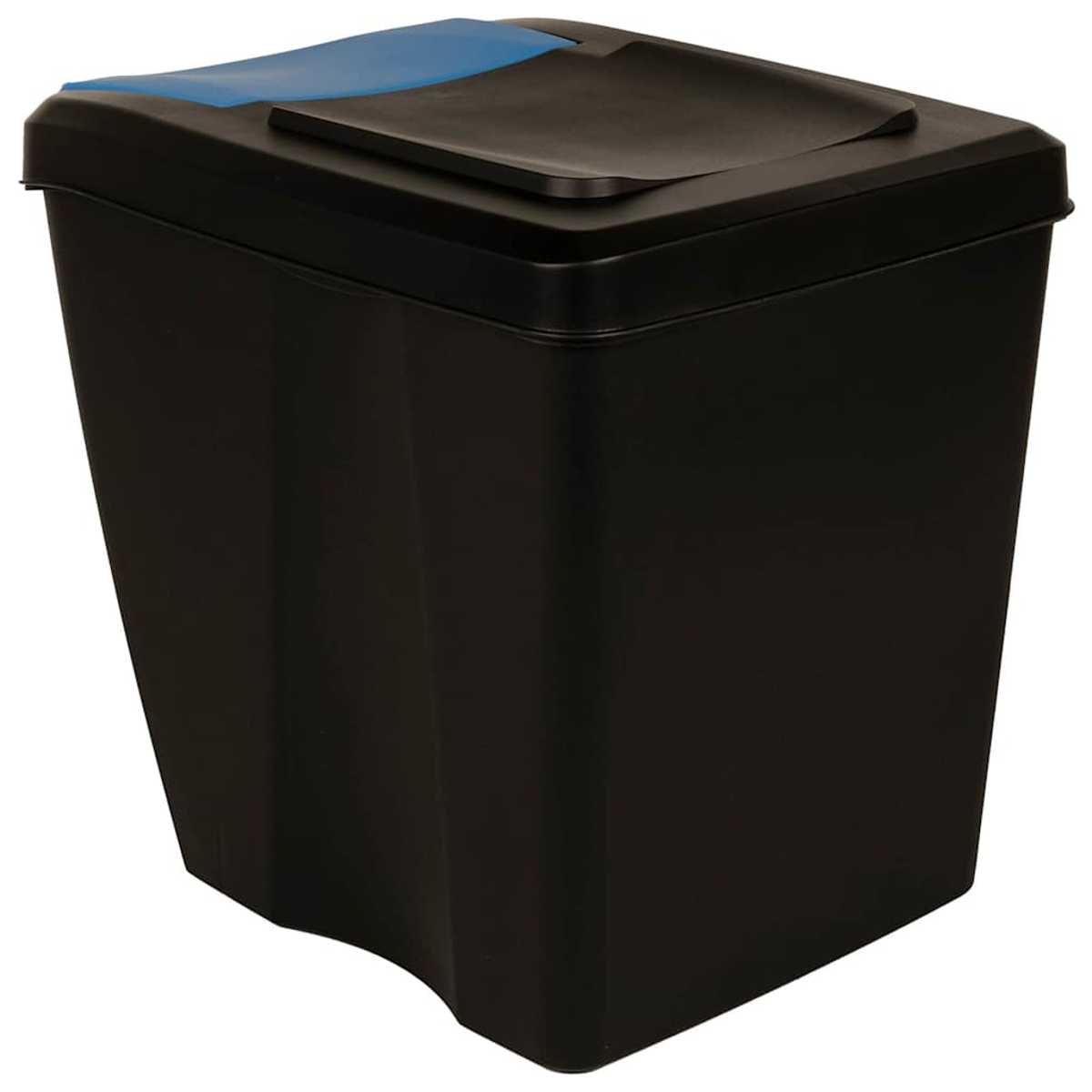 Ein schwarzer Plastikmülleimer mit einem blauen Abschnitt auf dem Deckel. Der Deckel hat eine kleine, aufklappbare Klappe. Der Behälter ist quadratisch und hat eine gebogene Basis.