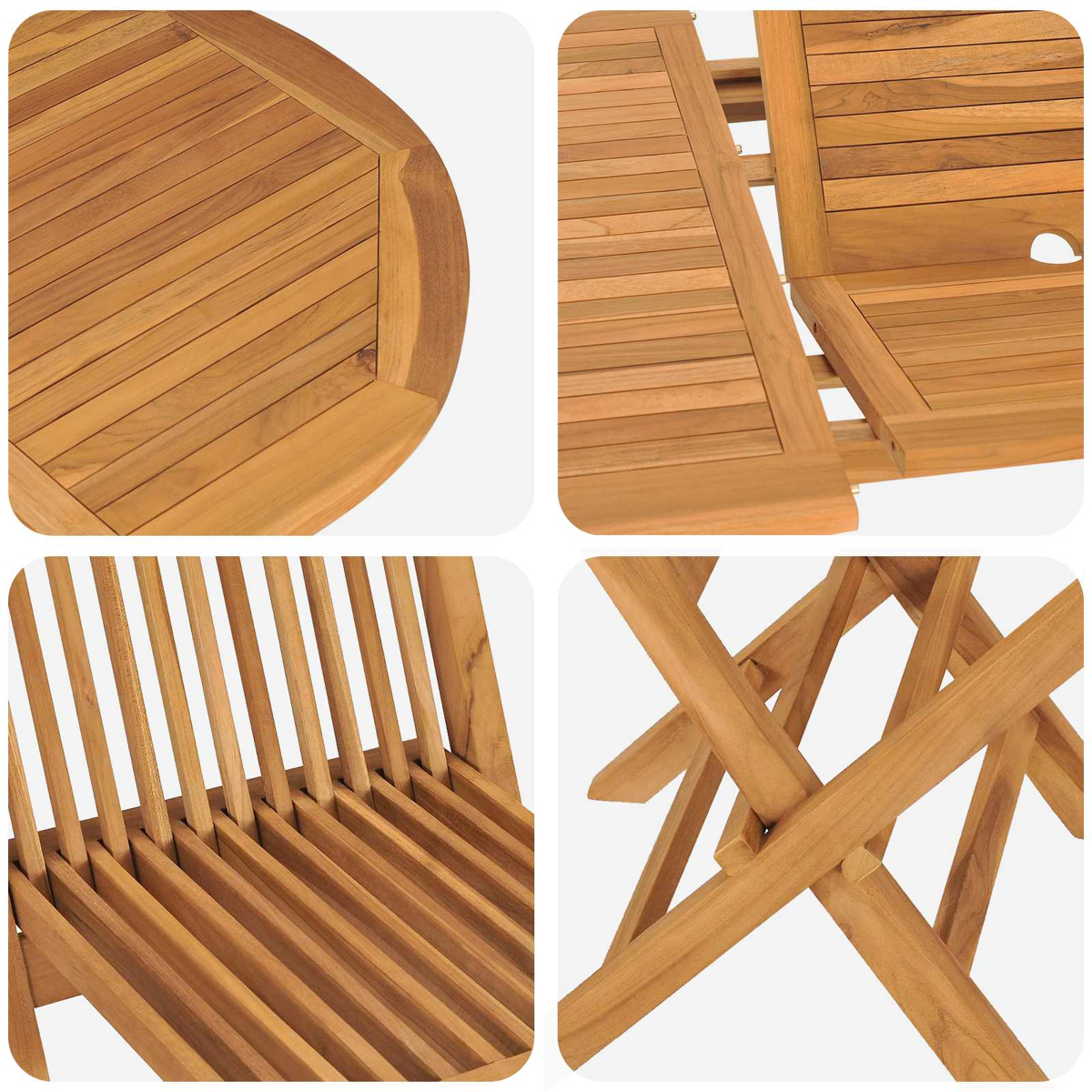 Vistas de cerca de partes de muebles de madera: tapa de mesa, extensión de mesa, respaldo de silla y soportes de patas de silla. Marrón claro.