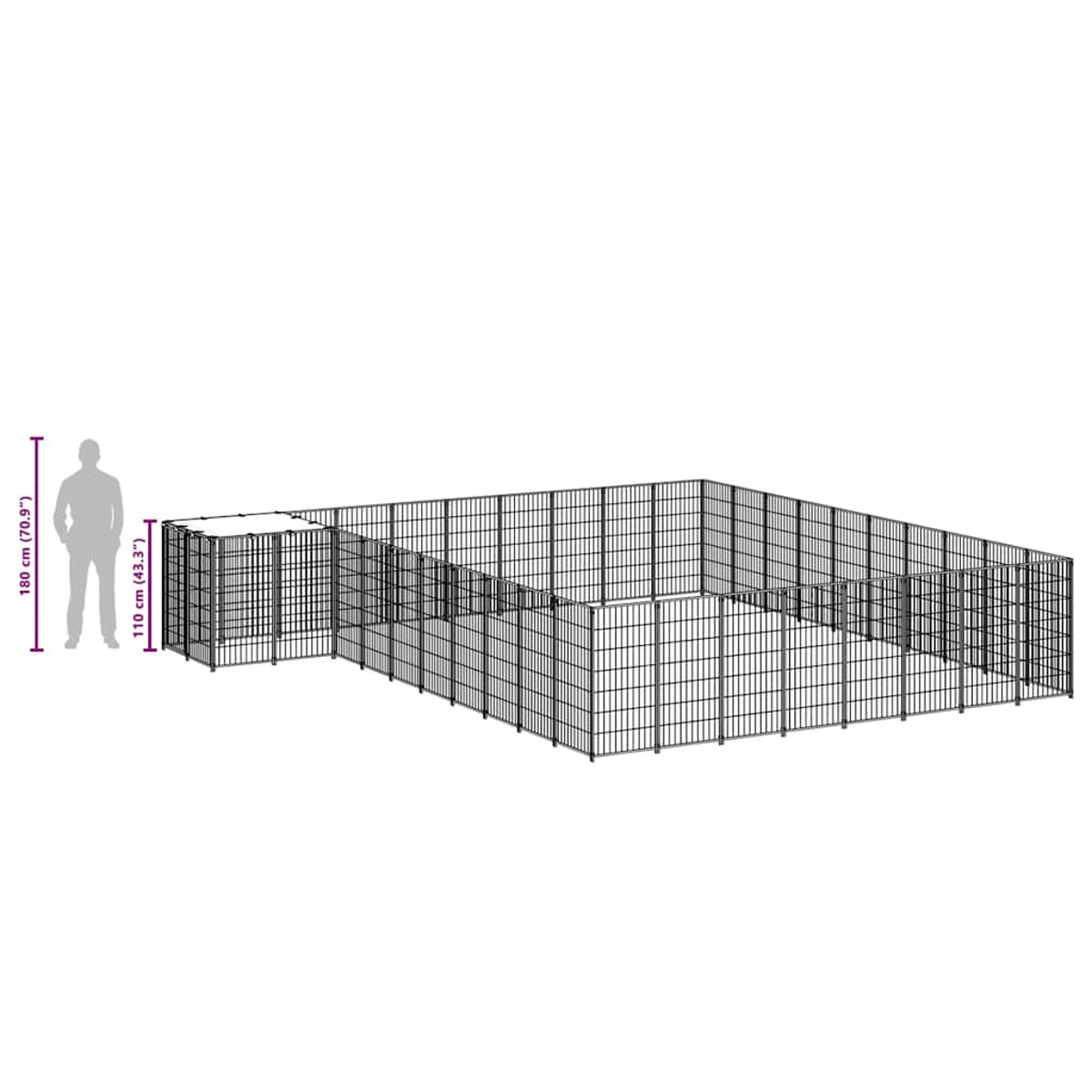 Ein Metallgehege mit einer Männersilhouette zum Maßstab. Das Gehege ist schwarz, rechteckig und hat einen kleinen überdachten Bereich. Weißer Hintergrund.