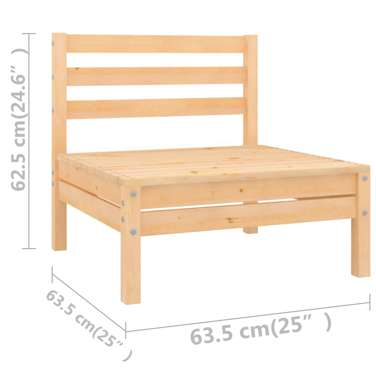 Ein hellbrauner Holzstuhl mit Lattenrücken und Sitzfläche. Abmessungen sind angegeben: 62,5 cm hoch und 63,5 cm breit.