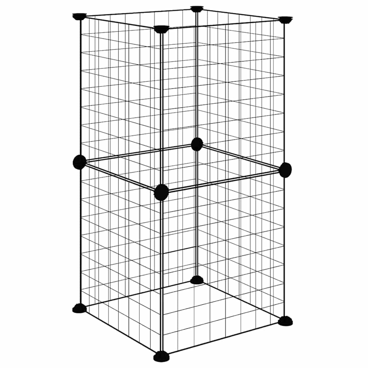 Ein schwarzer Drahtwürfel-Aufbewahrungseinheit. Es hat ein Gitterdesign mit schwarzen Verbindern an den Ecken und der Basis, vor einem weißen Hintergrund.
