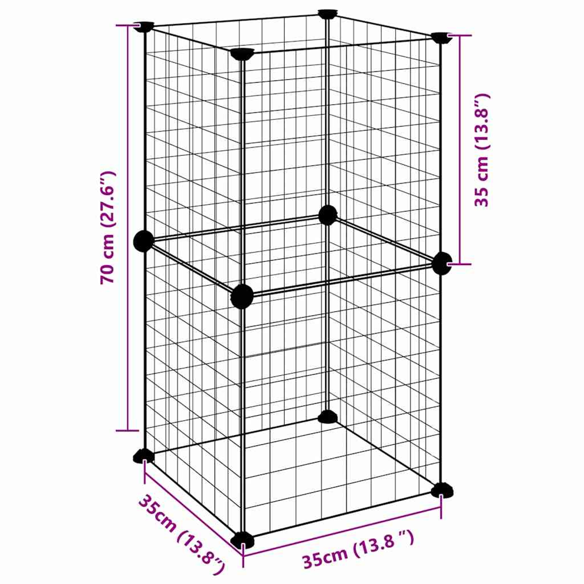 Ein schwarzer Drahtwürfel mit den Maßen: 70 cm x 35 cm x 35 cm. Er hat schwarze Verbinder an Ecken und Mittelpunkten.