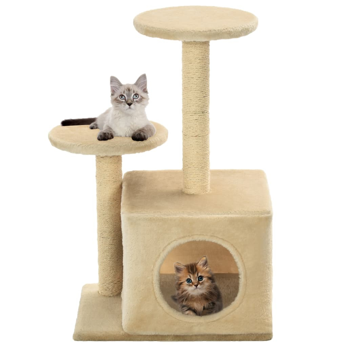 Ein Kratzbaum mit zwei Katzen. Eine Katze ruht auf einer Plattform, während eine andere aus einer runden Öffnung blickt.