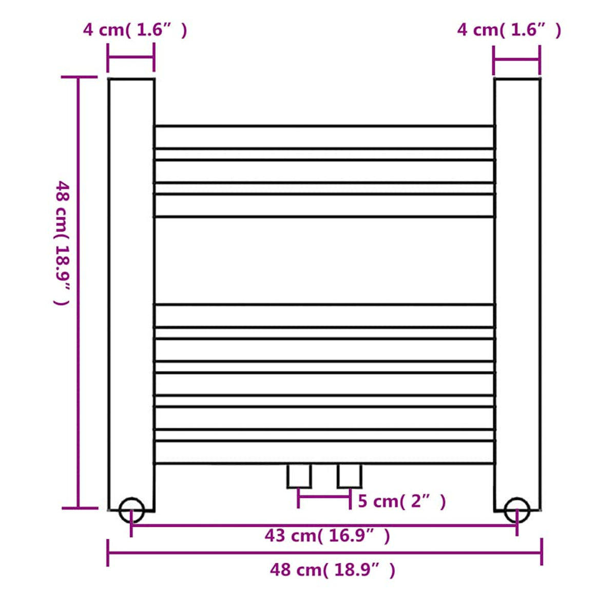 Eine schematische Darstellung eines Handtuchhalters mit Abmessungen. Er hat zwei vertikale Stangen und mehrere horizontale Stangen.