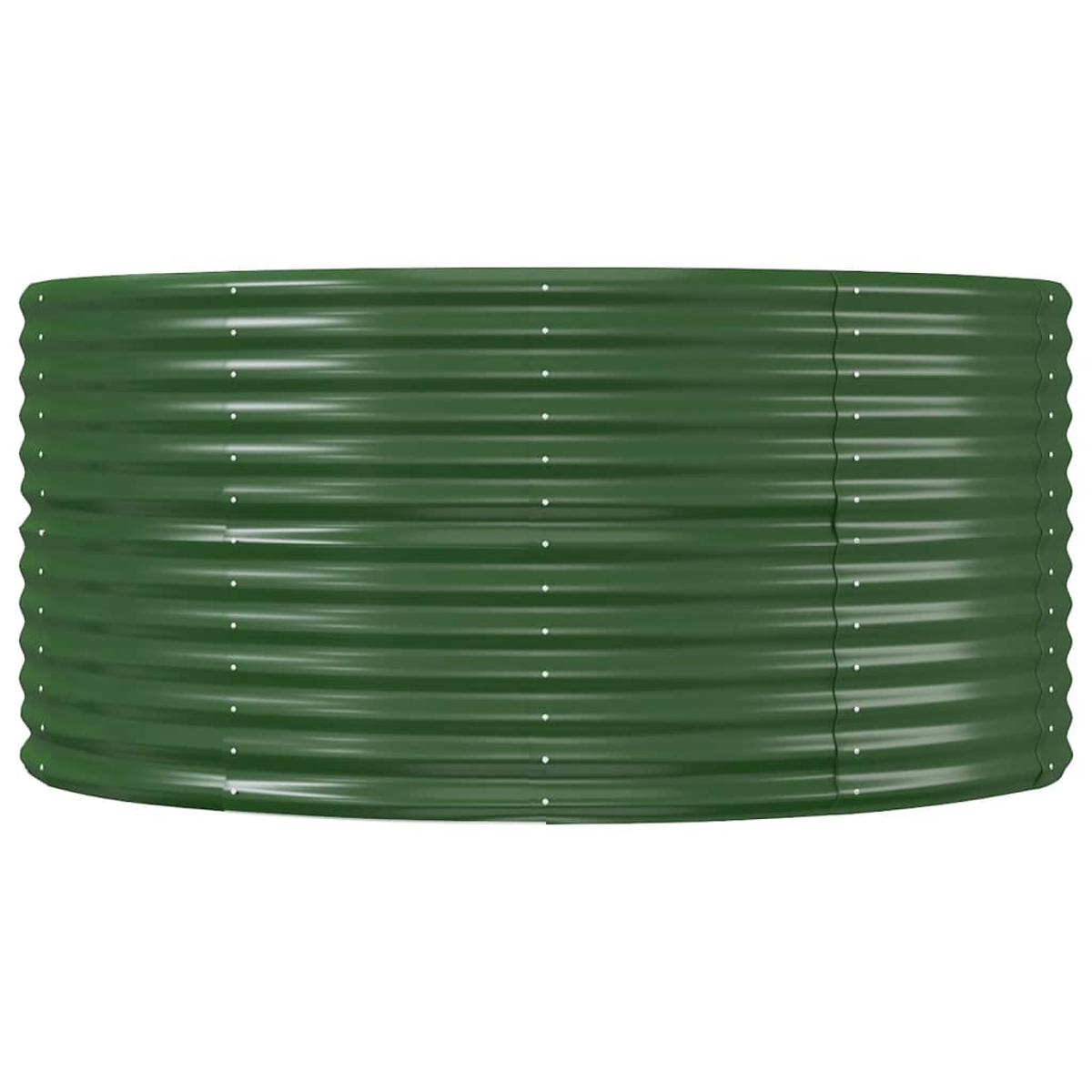 Ein grüner, gewellter Metallpflanzer oder -behälter. Er ist zylindrisch, mit horizontalen Rippen und sichtbaren Nieten an den Seiten.