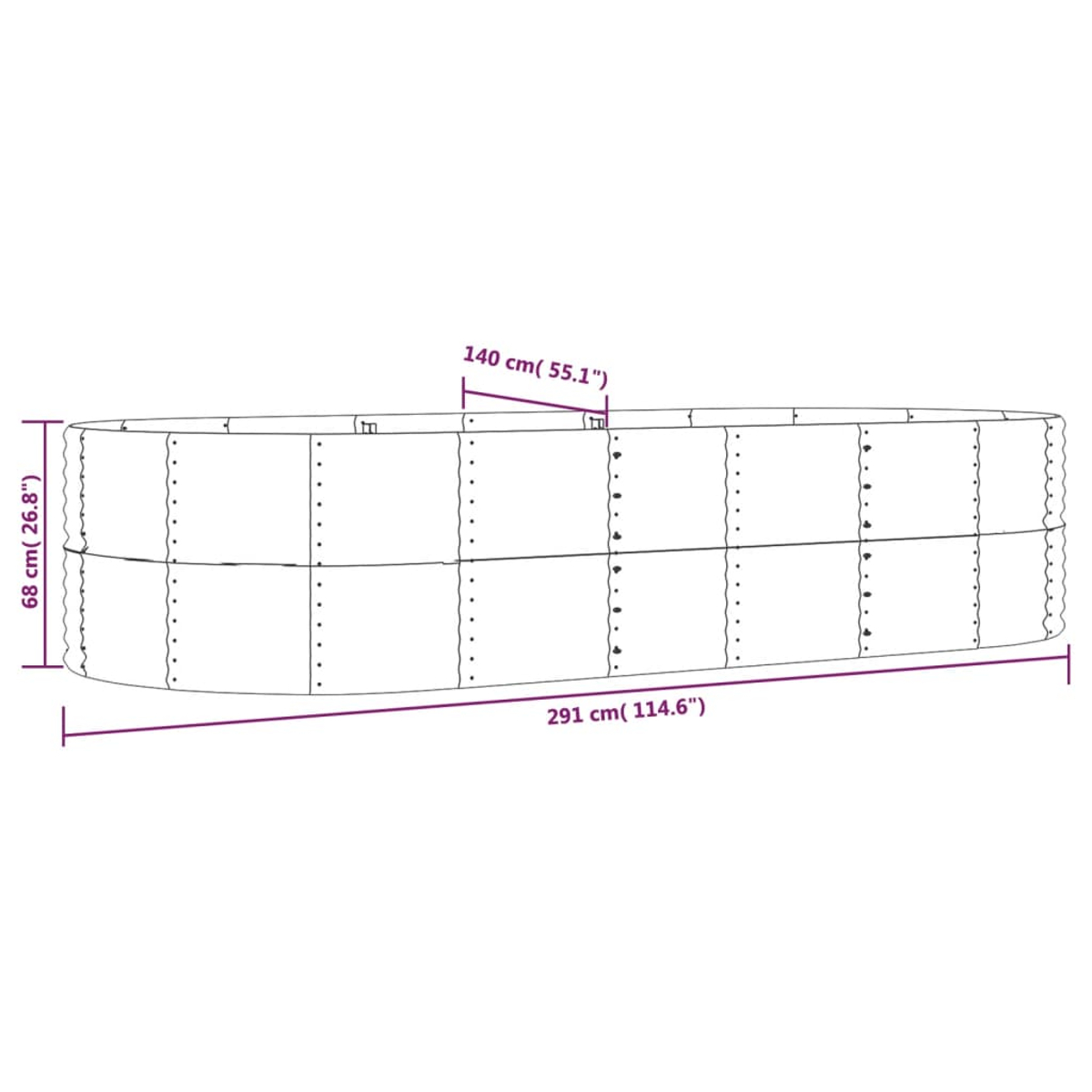 Diagramm einer ovalen Struktur. Abmessungen sind beschriftet: 291 cm lang, 68 cm hoch und 140 cm breit. Die Struktur hat ein gepunktetes Muster.