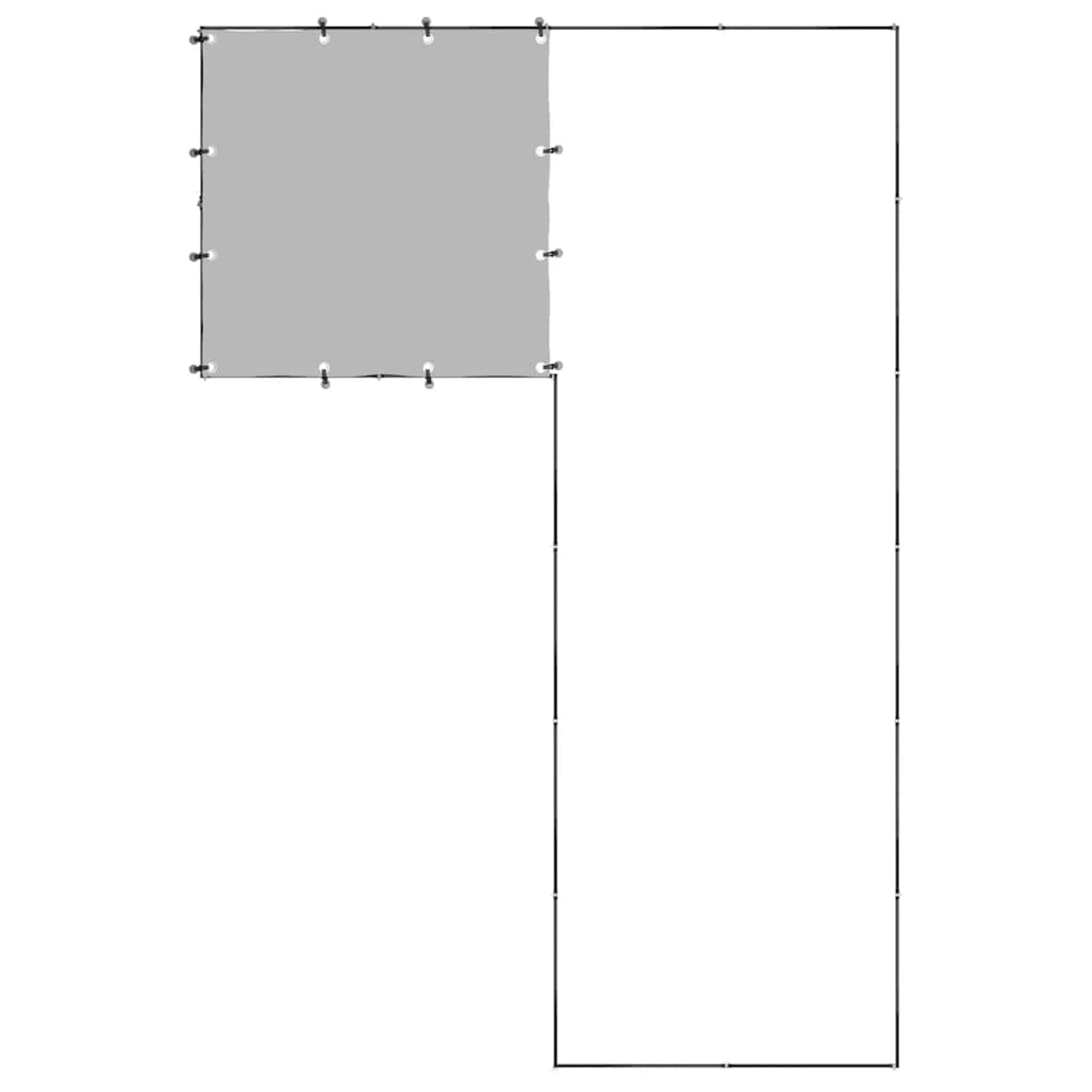 Ein graues Quadrat ist an einem schwarzen Rahmen befestigt. Der Rahmen bildet ein L, das Quadrat in der Ecke.