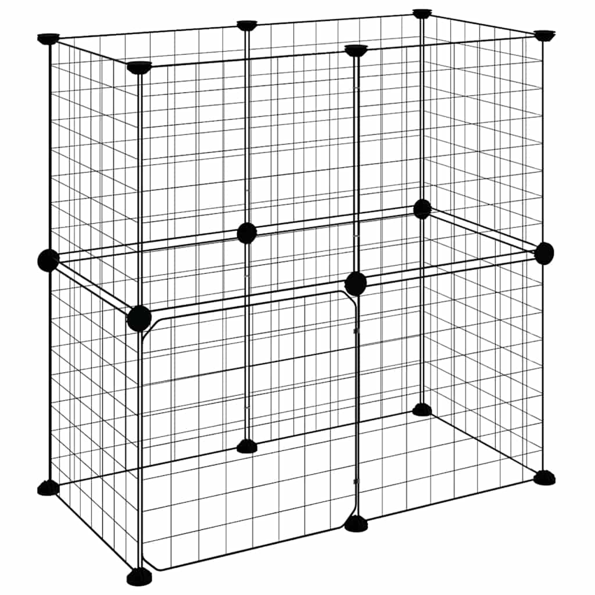 Ein schwarzer Draht-Aufbewahrungswürfel mit Gitterplatten und schwarzen Verbindern. Er ist zwei Würfel hoch, mit abgerundeten Füßen und oberen Verbindern.