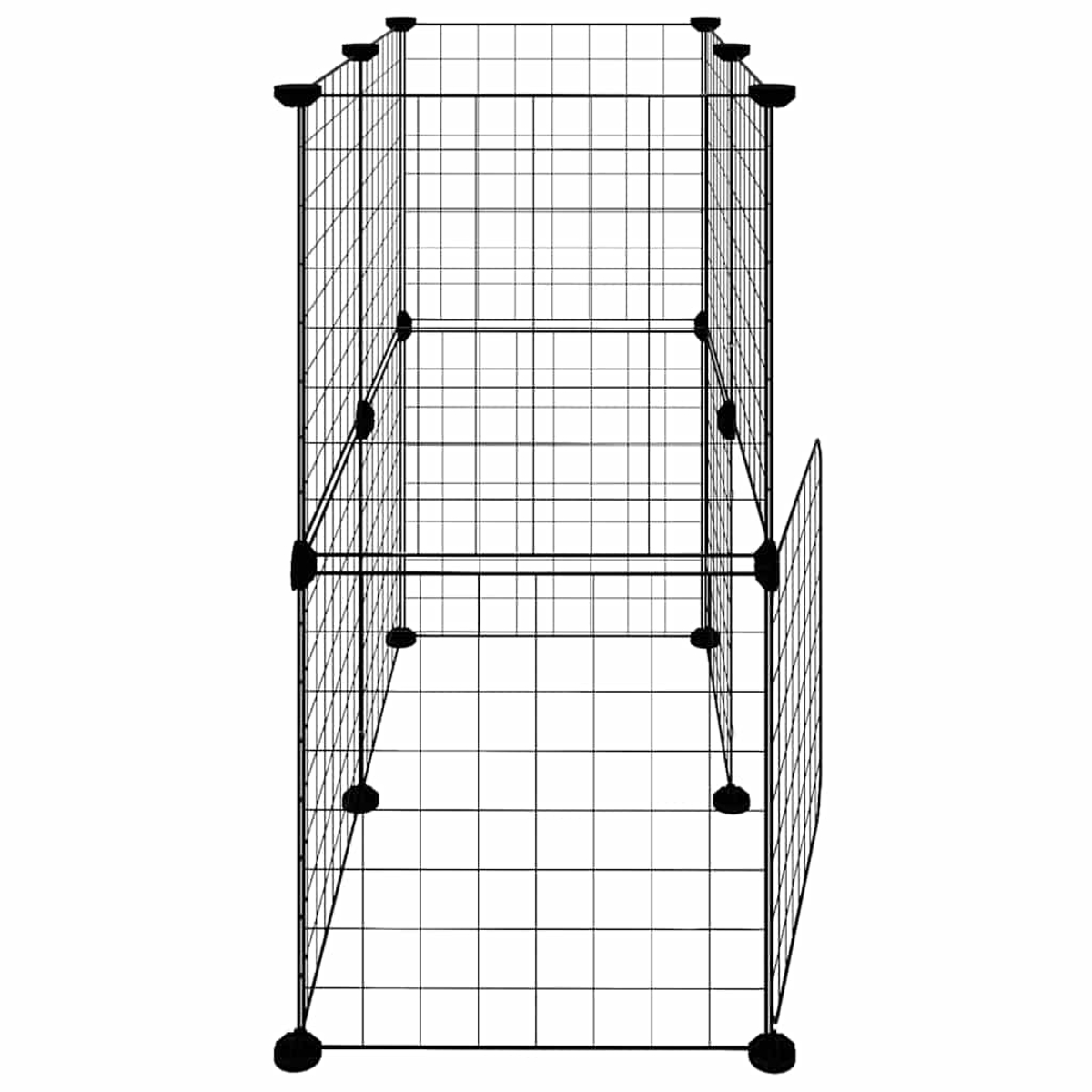 Ein schwarzer Metall-Haustierspielplatz, der aus Drahtgitterplatten besteht. Eine Seite hat eine offene Tür. Die Struktur steht auf schwarzen Füßen.