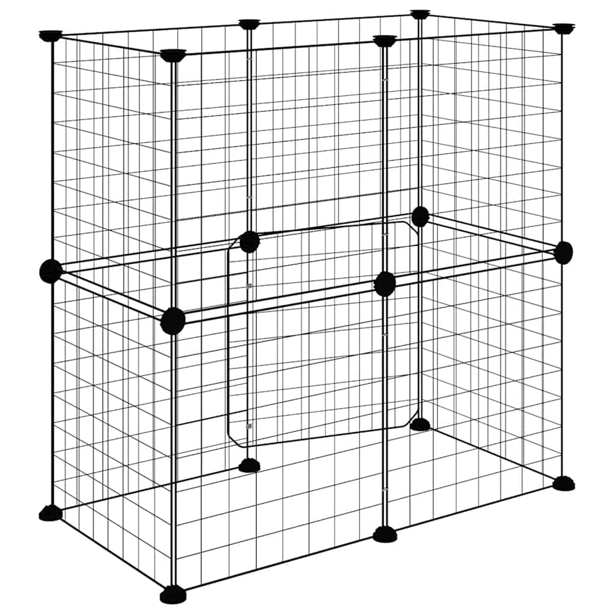 Ein schwarzer Drahtwürfel zur Aufbewahrung mit Gitterseiten. Schwarze Verbinder und Füße sichern die Struktur. Der Würfel ist leer.