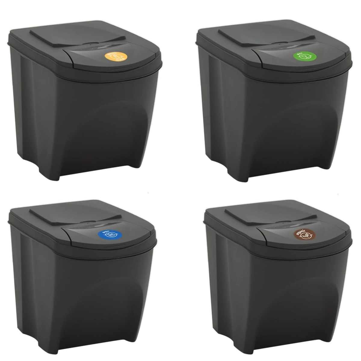 Vier dunkelgraue Recyclingbehälter mit verschiedenfarbigen Etiketten: gelb, grün, blau und braun. Jeder Behälter hat einen Deckel.