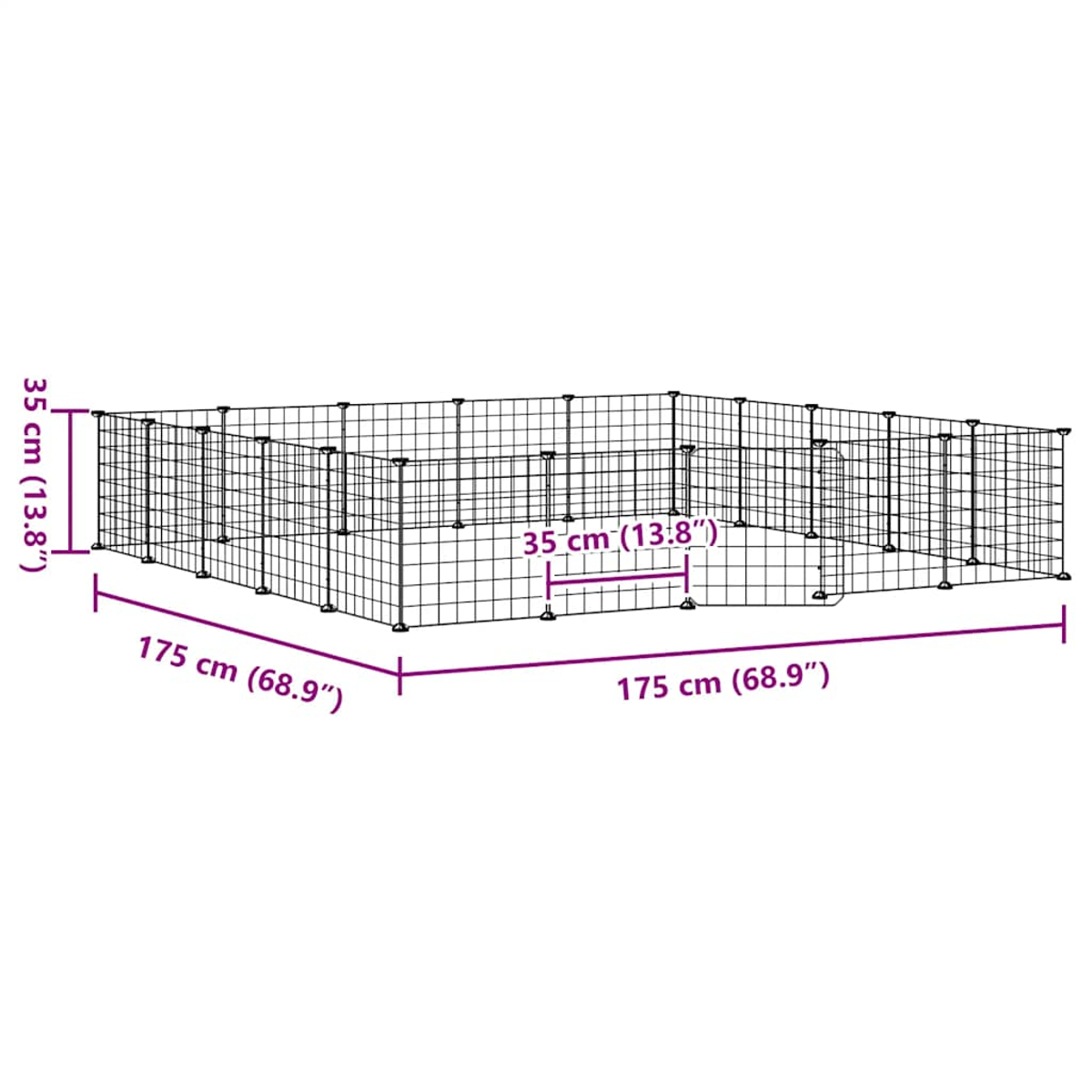 Ein quadratischer schwarzer Metall-Haustierkäfig. Abmessungen: 175 cm (68,9") Seiten, 35 cm (13,8") Höhe.