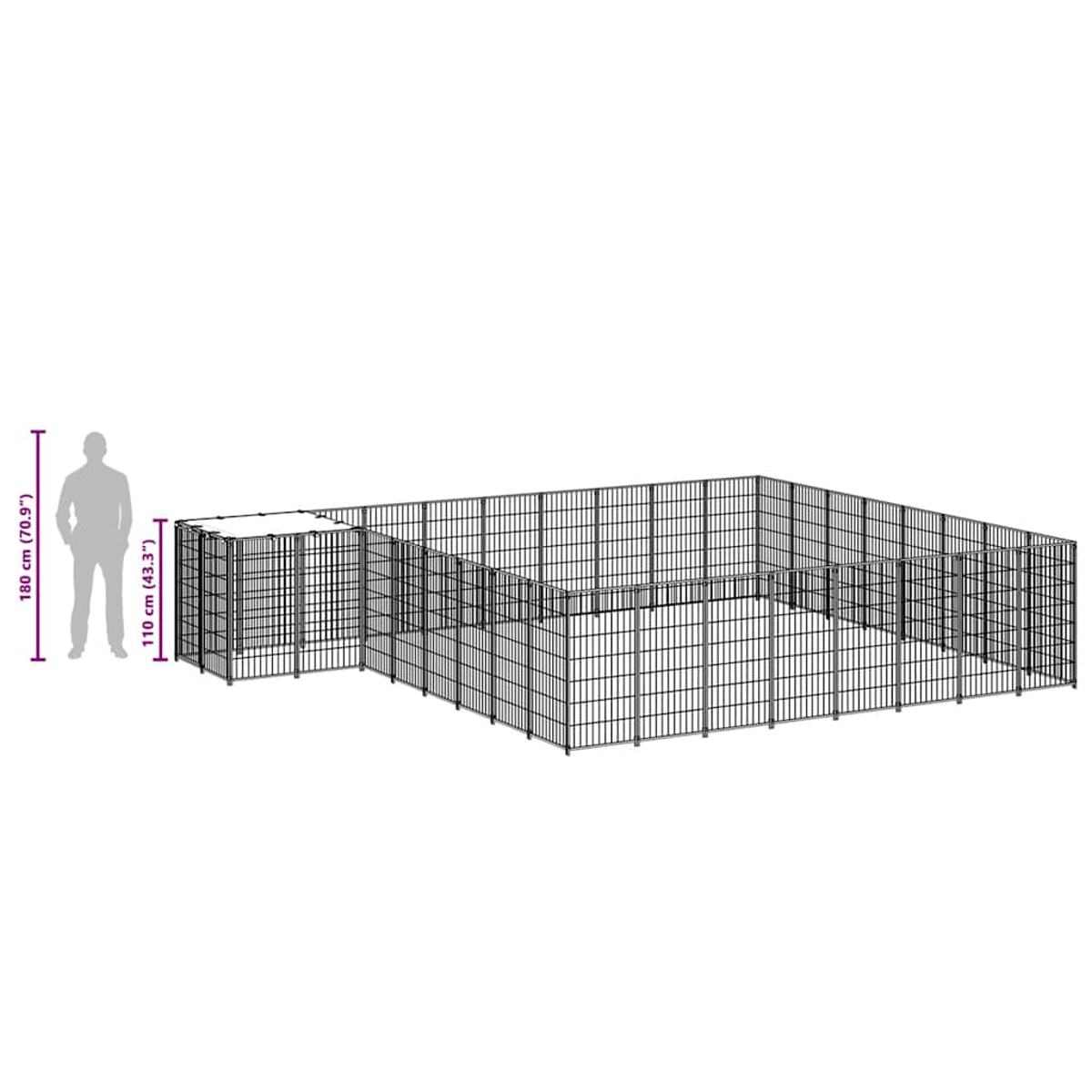 Ein Metallgehege mit mehreren verbundenen Abschnitten. Eine Personensilhouette zeigt den Größenvergleich. Das Gehege ist auf weißem Hintergrund.
