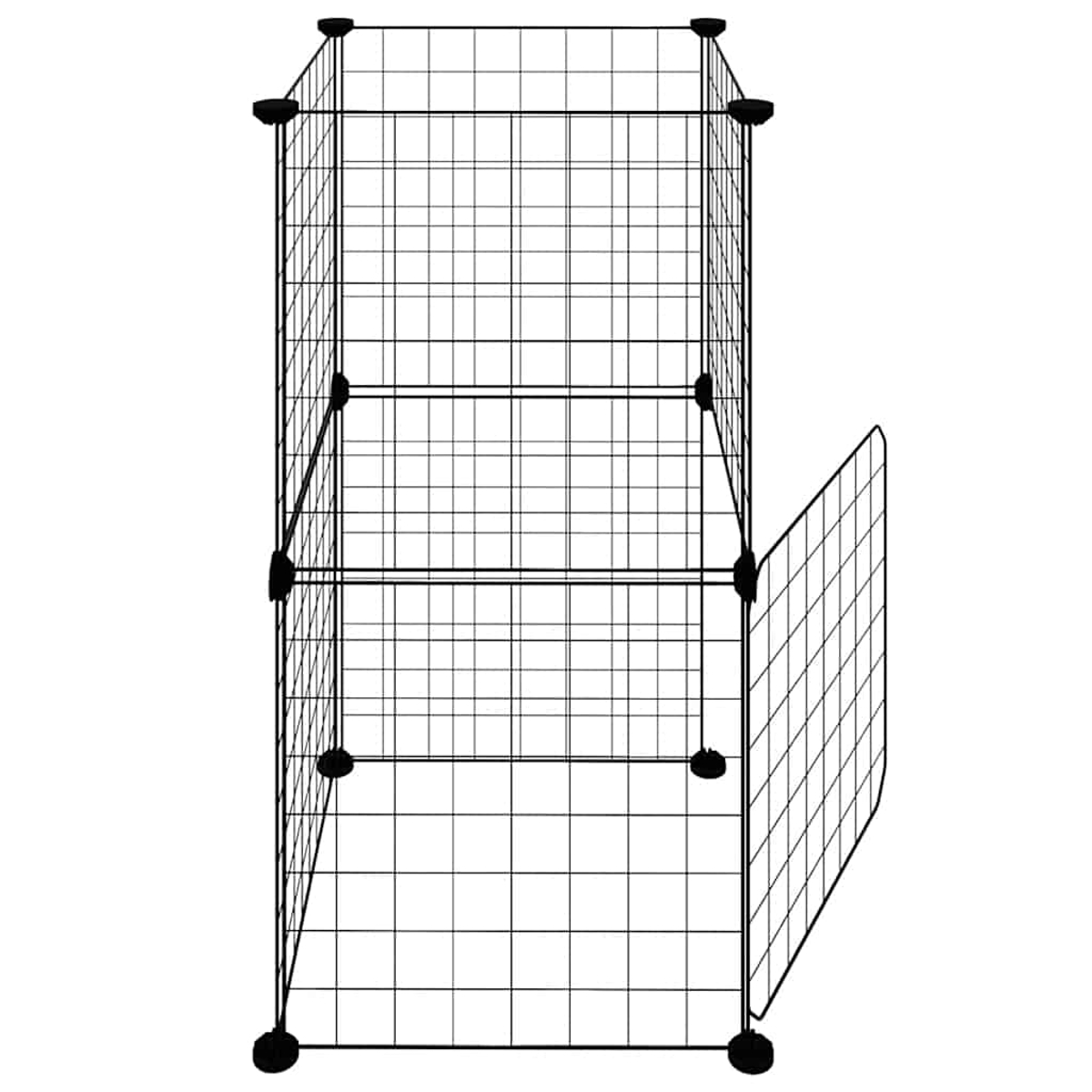 Ein schwarzer Draht-Aufbewahrungswürfel mit offener Tür. Der Würfel besteht aus einem Gitter aus schwarzen Drähten.