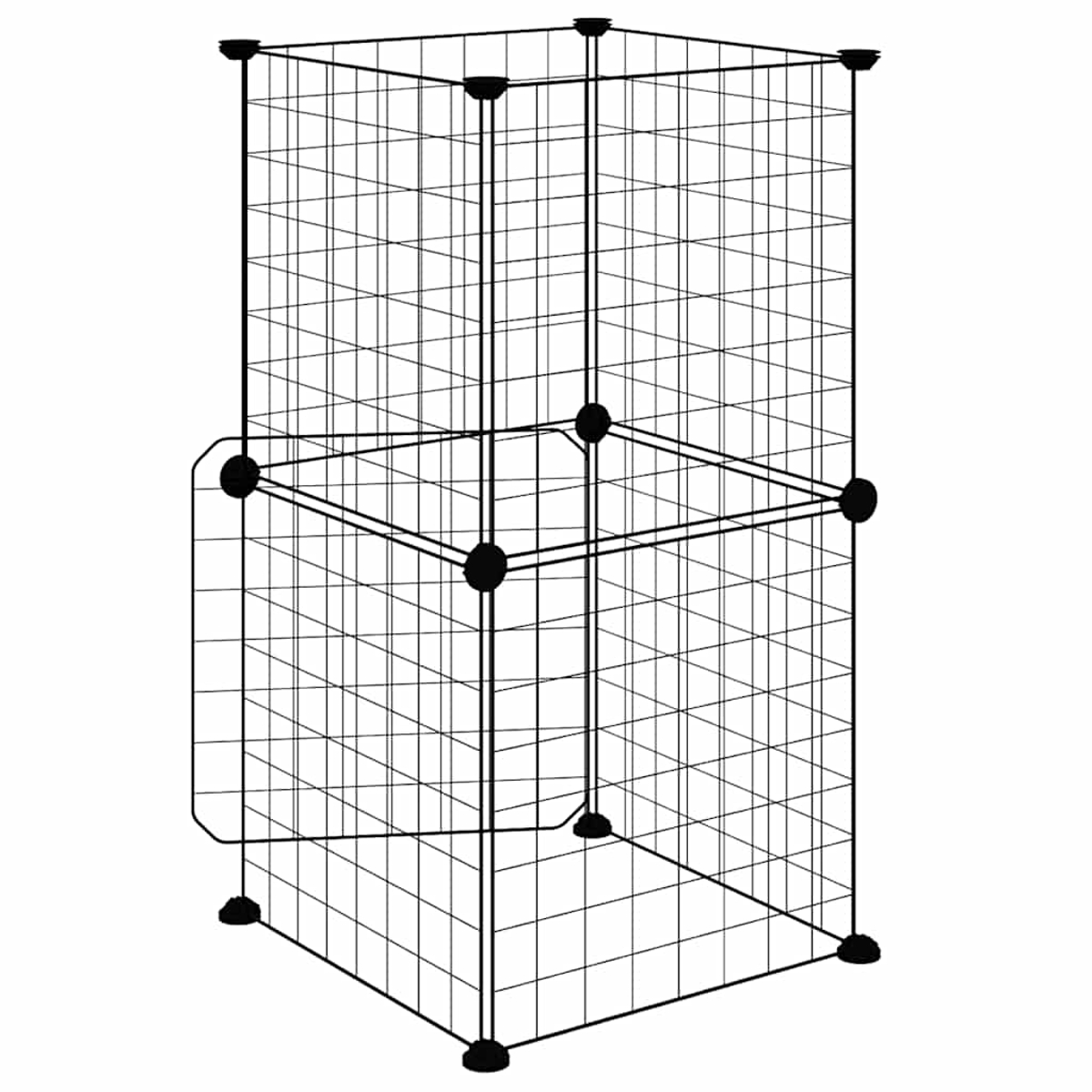Ein schwarzes Drahtwürfel-Aufbewahrungselement. Es besteht aus quadratischen Gittern und hat schwarze Verbinder an den Ecken und am Boden.
