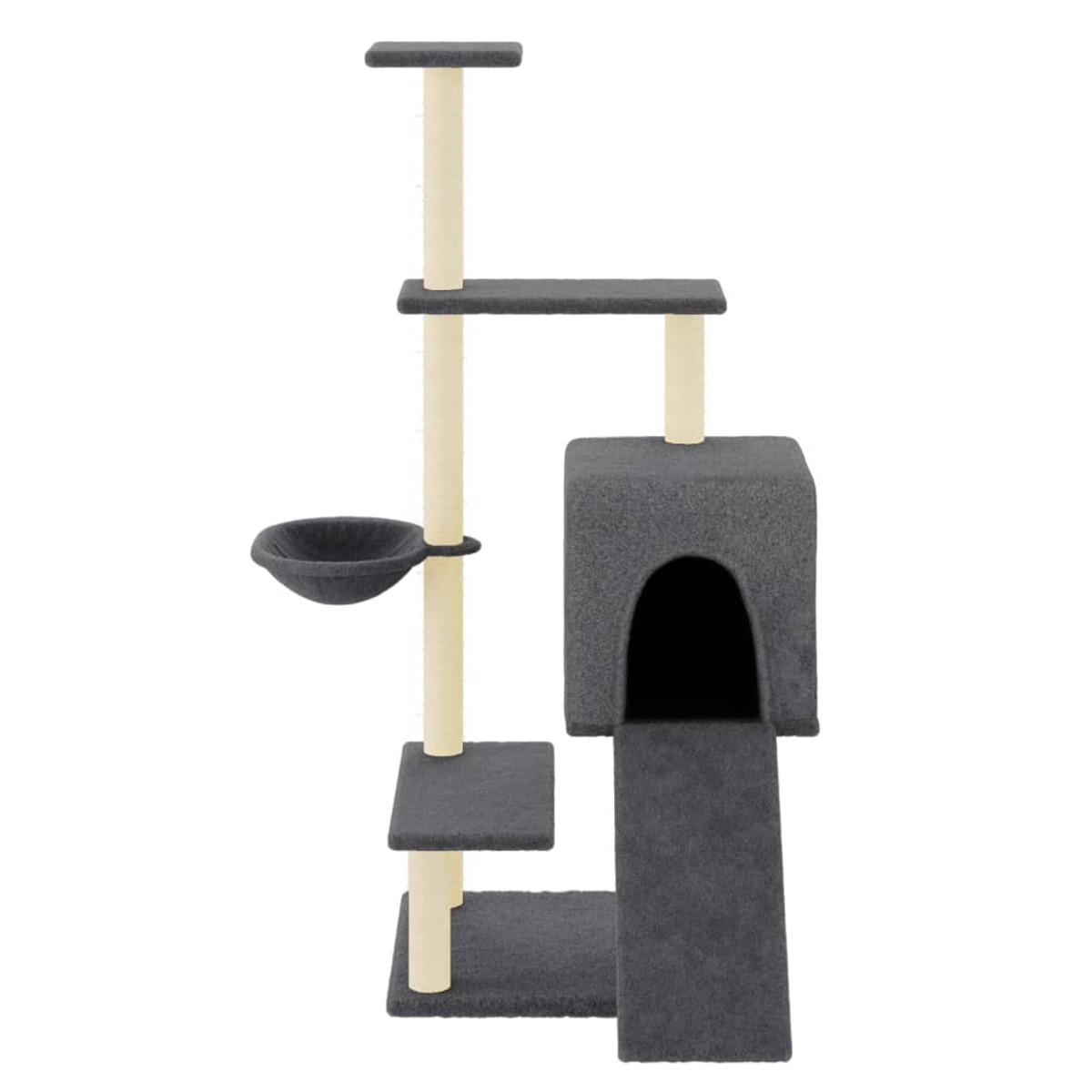 Ein grauer Katzenbaum mit mehreren Ebenen, einer Höhle, einer Rampe und Kratzbäumen. Beige Pfosten stützen die Plattformen.