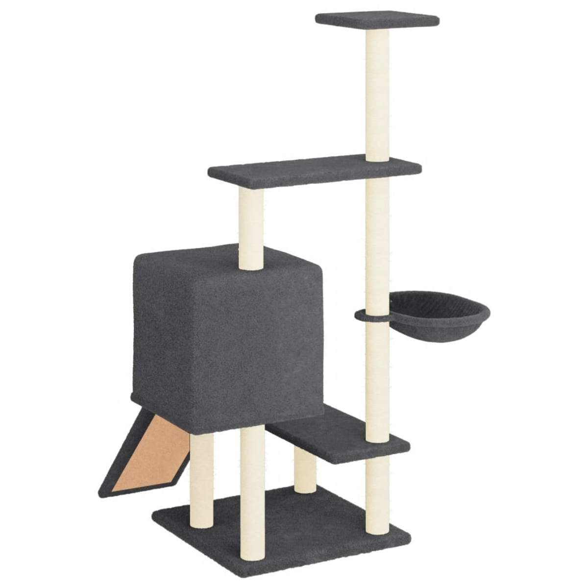 Ein grauer Katzenbaum mit mehreren Plattformen, einem Würfel und einem Korb. Beige Stützen und eine beige Rampe sind ebenfalls vorhanden.