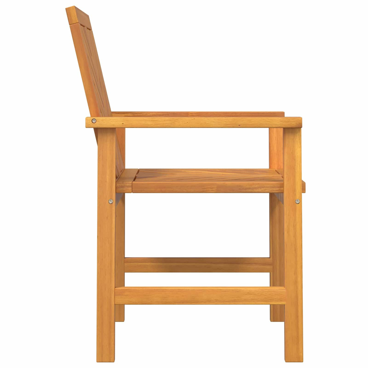 Seitenansicht eines Holzstuhls mit Armlehnen. Der Stuhl ist braun, mit einer Lattenlehne und einem Sitz. Er steht vor weißem Hintergrund.