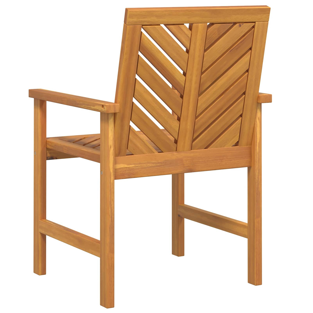 Holzstuhl, von hinten gesehen. Er hat eine Sitzfläche und Rückenlehne mit Lamellen und einem Fischgrätmuster. Armlehnen sind vorhanden.