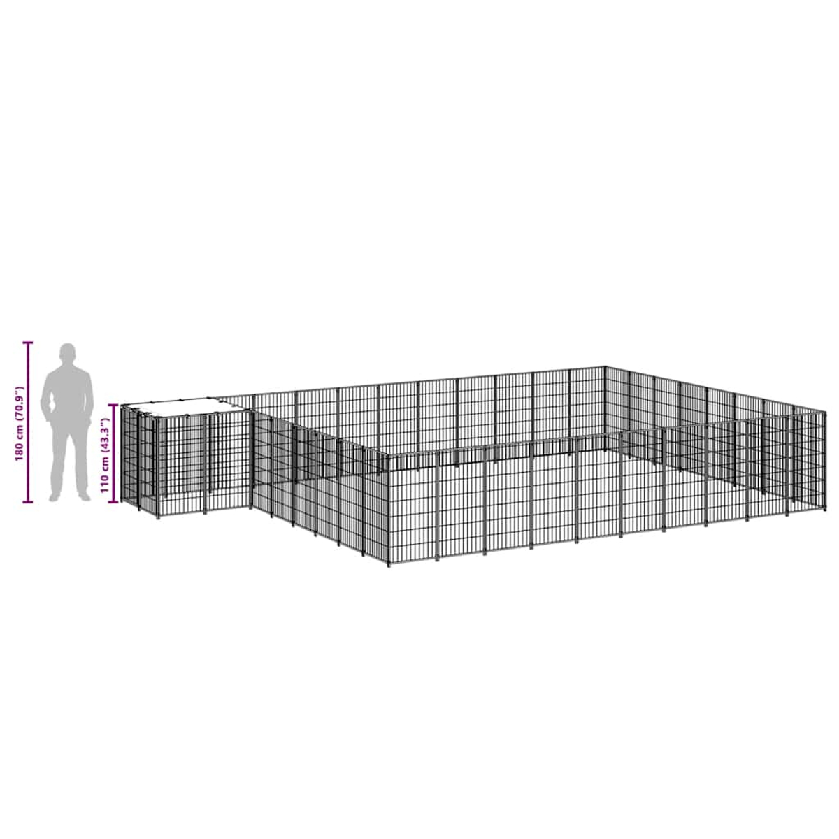 Gezeigt wird ein Metallzwinger für Haustiere. Eine Person ist neben dem Zwinger gezeichnet, um den Maßstab zu zeigen. Der Zwinger ist schwarz und rechteckig.