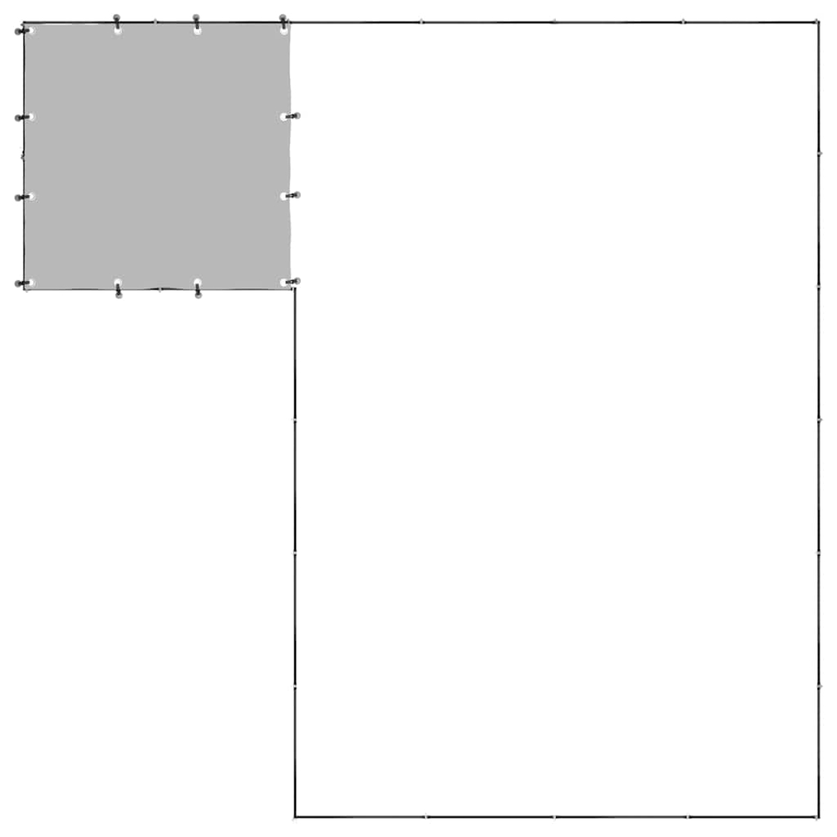 Ein graues Quadrat ist durch eine schwarze Linie mit einem weißen Rechteck verbunden. Kleine Kreise sind um das graue Quadrat und das Ende der Linie angeordnet.